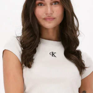 magasin Calvin Klein T-shirt Ck Rib Cropped Slim Tee Blanc 11